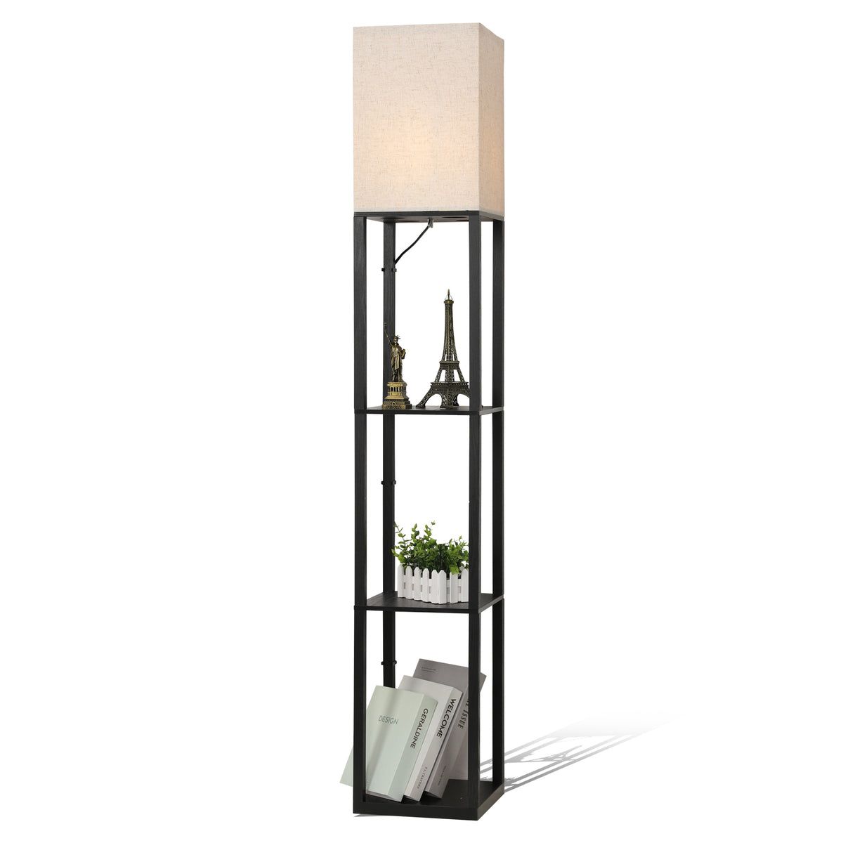 Lampadaire Minimaliste en Métal Noir avec Étagères et Abat-Jour en Lin - L26xW26xH158 cm, Interrupteur au Pied, Douille E27 (Ampoule Non Incluse), Prise Européenne