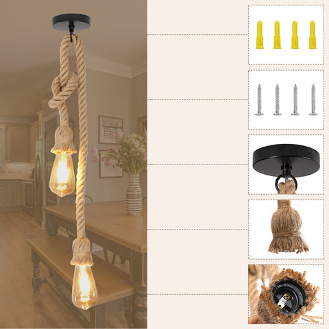 Suspension Industriel Vintage Lustre Corde, Ampoule E27 en corde de chanvre noire