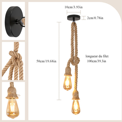 Suspension Industriel Vintage Lustre Corde, Ampoule E27 en corde de chanvre noire