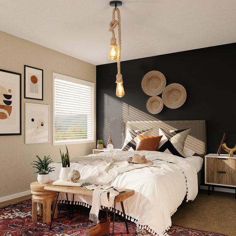Suspension Industriel Vintage Lustre Corde, Ampoule E27 en corde de chanvre noire
