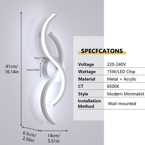 Applique Murale Moderne Minimaliste en Aluminium Blanc 41x14x6.5cm - Lumière Blanche 6500K, 220V