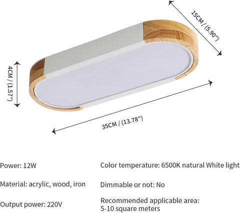 Plafonnier LED Bois 12W, 6500K Blanc Froid Plafonnier Led en Ovale Moderne Nordique Luminaire Plafonnier Intérieur pour Chambre, Cuisine, Couloir,Balcon