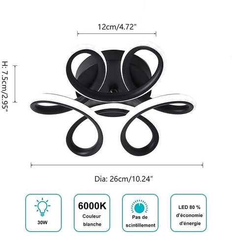 GOECO Plafonnier LED, Lampe de Lustre Dia 26cm, 22W 2500lm Design Courbé Moderne Luminaire Plafonnier pour Couloir Balcon Cuisine Salle de Bain Chambre, Blanc Froid 6000K (Noir)