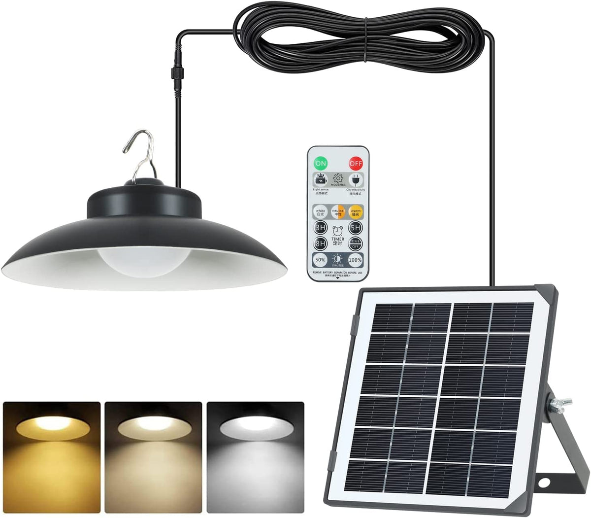 Lampe Solaire Extérieur, Angle d'éclairage de 120 °, IP65 Lumière Solaire Extérieure avec Télécommande, Câble de 5M, 3 Modes de Température de Couleur pour Jardin, Garage, Cour, Escalier, Patio