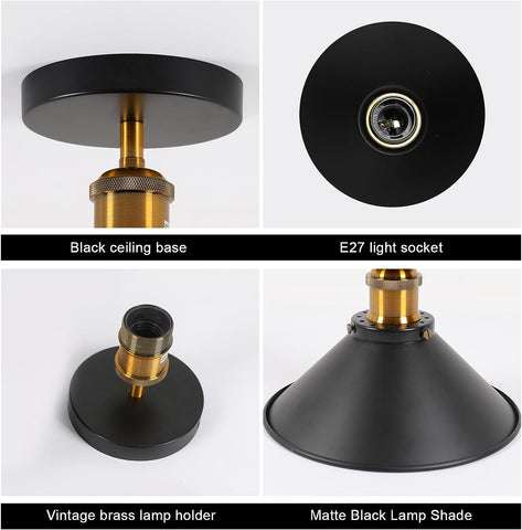 2 Pack Plafonnier Industriel Vintage, E27 Abat-jour en Métal Noir Suspension Lustre Luminaire Rétro Plafonnier pour Salon Cuisine Chambre (ampoule non incluse)