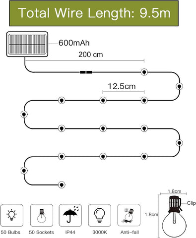 Guirlande Lumineuse Solaire Extérieur 9.5M 50 LED 8 Modes Lampes Solaires avec Télécommande,Solaire et Alimenté par USB Guirlande Lumineuse Extérieur
