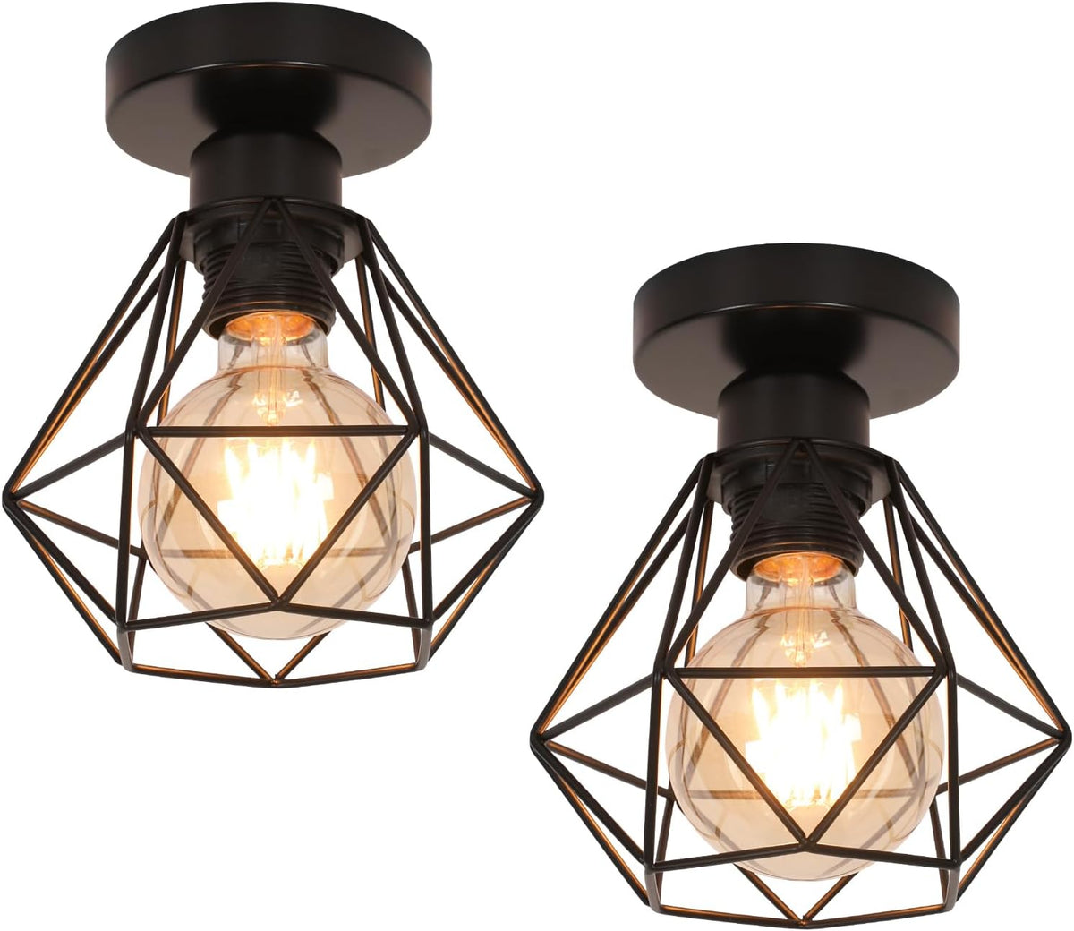 Plafonnier Industriel E27, Luminaire Métal Cage Vintage, Suspension éclairage Plafond Noir pour Cuisine Chambre Salon Couloir Café Bar（2pcs）