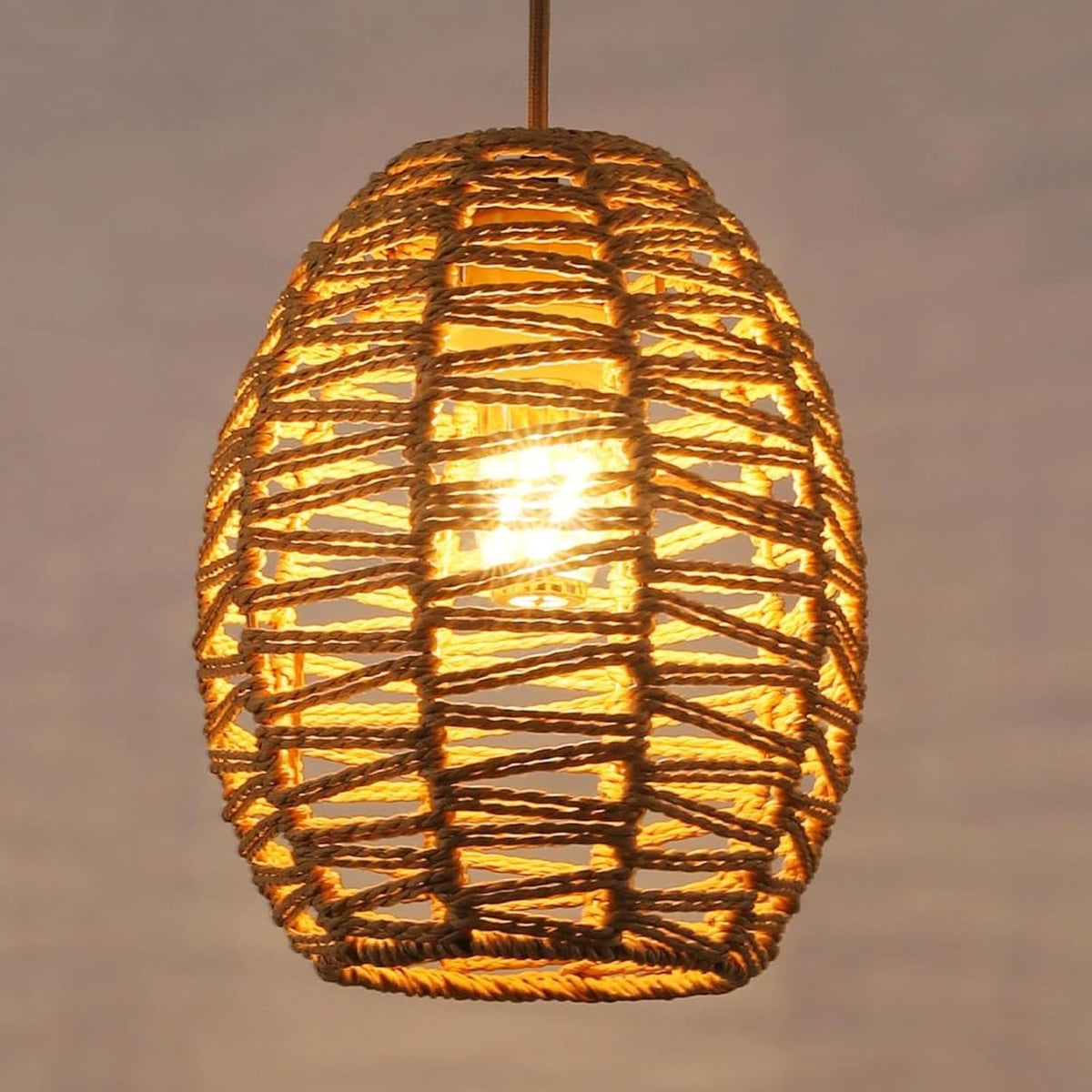 Lustre Tissé à la Main Vintage Suspension Luminaire en Rotin, Abat-Jour Panier Rétro Boho, E27 Plafonnier pour Salon, Chambre - 120cm Ligne