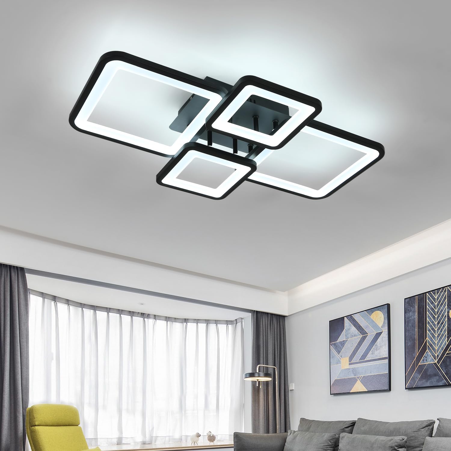 Goeco Plafonnier LED 24W Moderne - Lumière Blanche Froide 6500K, Design Ondulé 4 Tubes - Noir