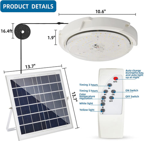 Plafonnier Lampe Solaire Extérieur avec Télécommande, Éclairage Solaire Étanche IP54 pour Jardin, 80W, Température de Couleur Ajustable 3000K/4500K/6000K