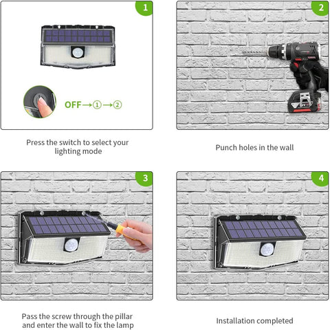 Lot de 2 Lampes Solaires Extérieures avec Détecteur de Mouvement à 300 LED, Éclairage Solaire à 270°, IP65 Étanche, Sans Fil, 3 Modes pour la Sécurité de Cour et Jardin