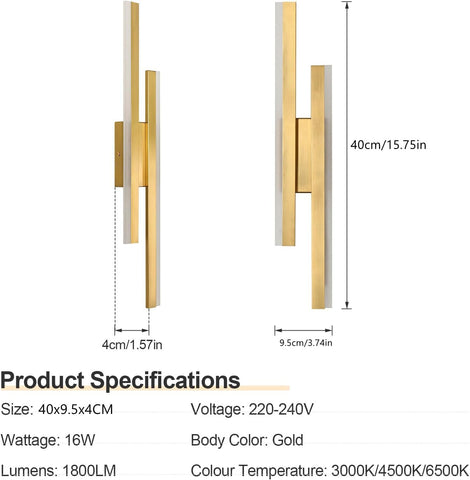 Applique Murale LED 16W Dorée Moderne 3 Températures 1800LM
