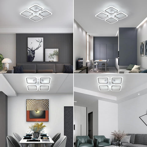 Plafonnier LED, Blanc Carré*4 têtes, en Acrylique, 46W 6500K Lumière Blanche Froide, pour Salon Chambre