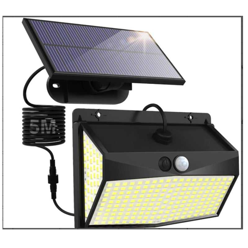 Aplique solar para exterior con sensores Negro 15,5*11*5,3cm, 318 LED, Luz blanca, Longitud del cable 5 metros, Sensor de luz