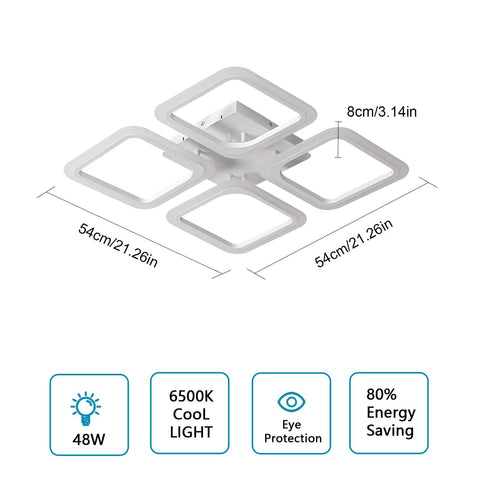 Plafonnier LED, Blanc Carré*4 têtes, en Acrylique, 46W 6500K Lumière Blanche Froide, pour Salon Chambre