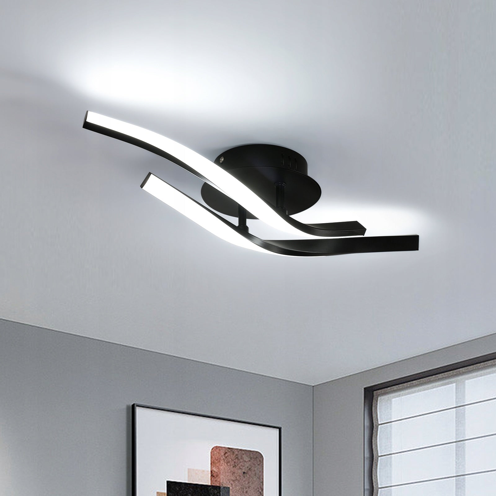 Plafonnier LED, Noir, 18W 6500K Lumière Blanche Froide, en Aluminium et Métal, Idéal pour Salon