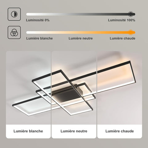 Plafonnier Led Dimmable Moderne Dimmable 3000K-6000K Rectangle Lampe de Plafond Pour salon chambre à coucher salle à manger bureau Noir