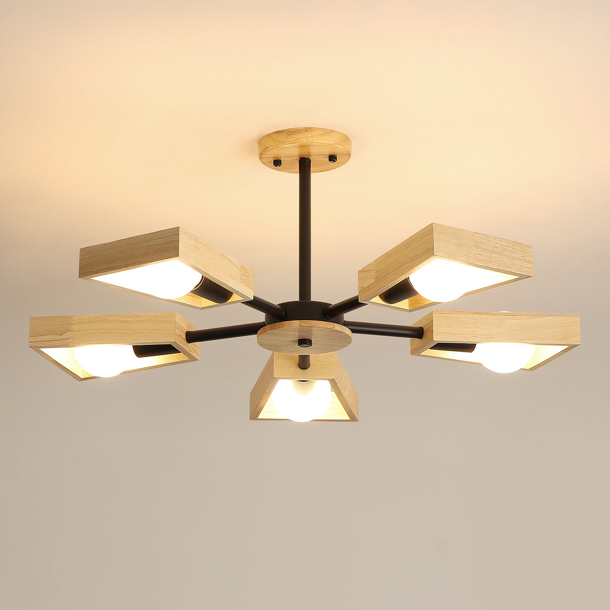 Suspension Bois , De Salon Lustre Lampe Luminaire pour éclairage Intérieur, Bois Cinq Lumières Géométrique Pendentif Lumières pour 5 Ampoules E27 (Sans Ampoule)