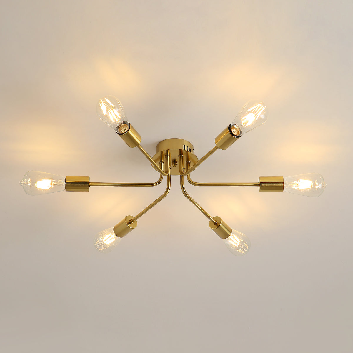 Plafonnier LED Moderne, E27 Lustre Vintage Industriel, 6 Lumières Luminaire Suspension Métal pour Salon, Chambre, Salle à Manger, Balcon, Cuisine, Bureau (Doré)