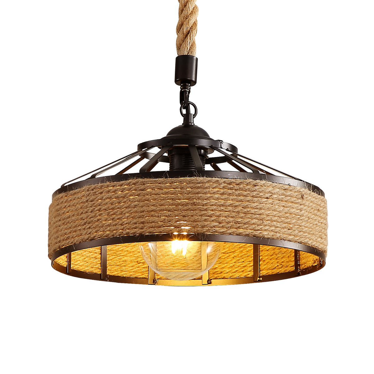 GOECO Lustre en Corde de Chanvre, Lampe à Suspension Rétro en Métal Noir, Lustres Suspensions En Country, Plafonnier Couloir E27 Luminaire pour Salon Salle Chambre Décorer Maison 220V