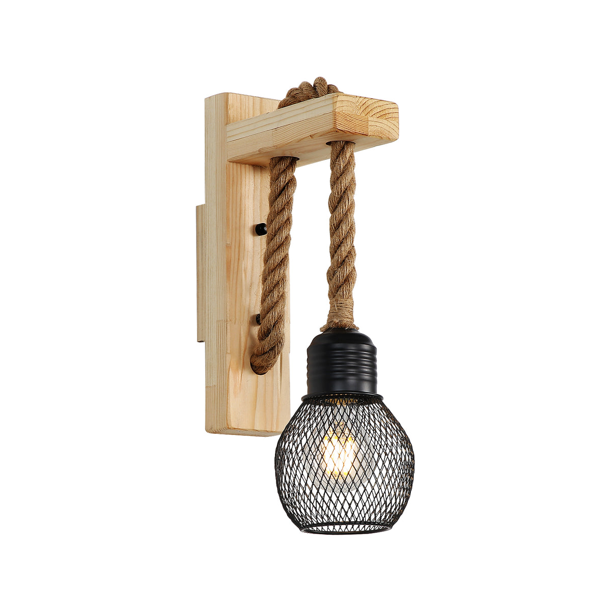 GOECO Applique Murale Industrielle Vintage, Lampe Murale en Bois Rustique Rétro, Abat-Jour en Cage en Métal Noir, Éclairage Mural à Suspendre en Corde de Chanvre (Sans Ampoules)