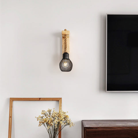 GOECO Applique Murale Industrielle Vintage, Lampe Murale en Bois Rustique Rétro, Abat-Jour en Cage en Métal Noir, Éclairage Mural à Suspendre en Corde de Chanvre (Sans Ampoules)