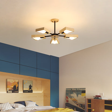 Suspension Bois , De Salon Lustre Lampe Luminaire pour éclairage Intérieur, Bois Cinq Lumières Géométrique Pendentif Lumières pour 5 Ampoules E27 (Sans Ampoule)