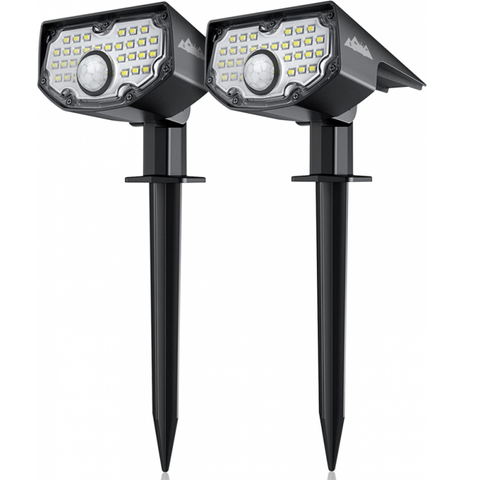 2 Pack Lampe Solaire Exterieur, Lampe de jardin solaire avec détecteur de mouvement, 30 LED Blanc Froid 6100-6800K 650LM Spot Solaire Extérieur IP67 Etanche clairage 3 modes, pour Cour, Allée, Chemin