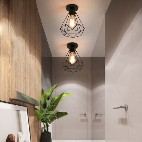 Plafonnier Industriel en Métal, Noir Suspension Luminaire Style Vintage Design forme Cage Diamant Rétro pour Salon Chambre Salle à manger (sans ampoule)