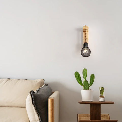 GOECO Applique Murale Industrielle Vintage, Lampe Murale en Bois Rustique Rétro, Abat-Jour en Cage en Métal Noir, Éclairage Mural à Suspendre en Corde de Chanvre (Sans Ampoules)