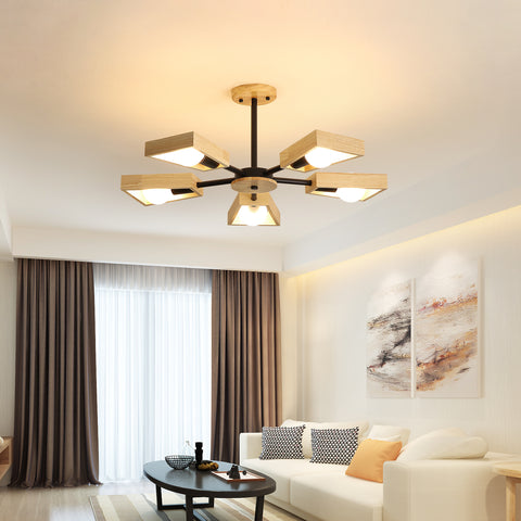 Suspension Bois , De Salon Lustre Lampe Luminaire pour éclairage Intérieur, Bois Cinq Lumières Géométrique Pendentif Lumières pour 5 Ampoules E27 (Sans Ampoule)