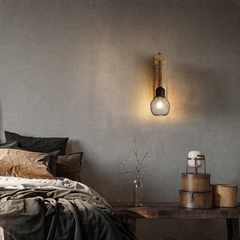 GOECO Applique Murale Industrielle Vintage, Lampe Murale en Bois Rustique Rétro, Abat-Jour en Cage en Métal Noir, Éclairage Mural à Suspendre en Corde de Chanvre (Sans Ampoules)