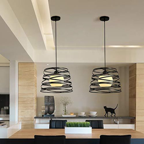 Lustre Suspension Industrielle Rétro, Vintage Plafonnier industriels en spirale design Ø30cm, Lampe de Plafond en Métal E27 Corde Ajustable Décoration, Noir (sans ampoule)