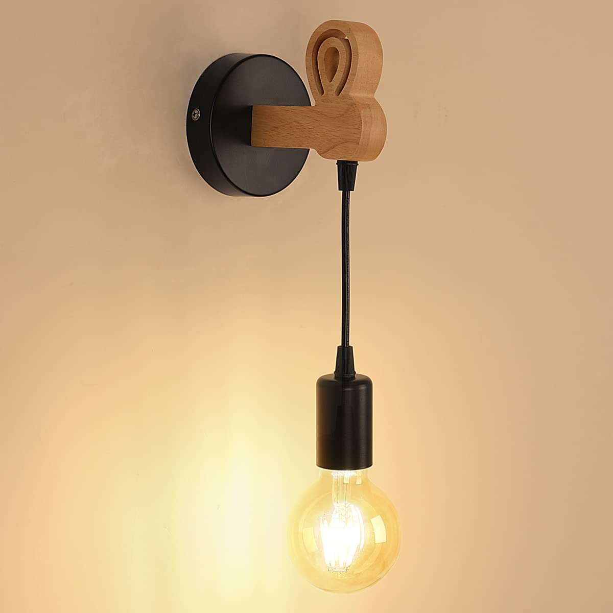 Applique Murale en Bois,E27 Lampe Murale Vintage Industrielle Métal et Bois