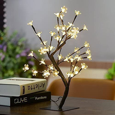 Arbre lumineux de 45 cm à LED avec 48 fleurs de cerisier, lumières LED, pour Noël, intérieur, décoration, bureau, chevet, blanc chaud
