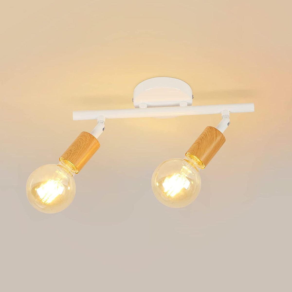 Plafonnier LED 2 Spots Orientables, Bois Luminaire Plafond LED Blanc, Éclairage de Plafond Intérieur pour Cuisine, Salon, Chambre, Couloir, Sans Ampoules, Max 60W