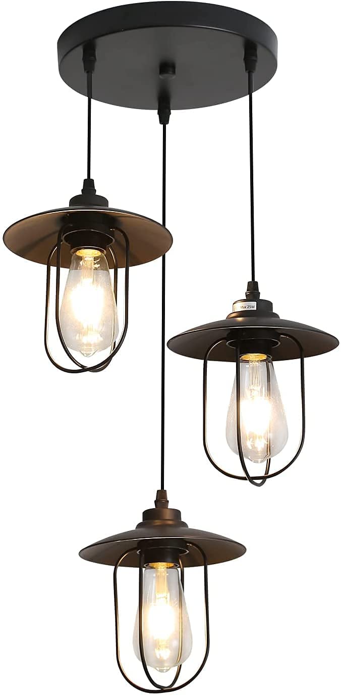 Lustre Industriel, Suspension Vintage à 3 Flammes au design Industriel, Lampe Suspendue Rétro avec 3 Cages en Métal, Couleur : Noir, Douille : E27, 3 Lumières