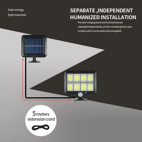 Lampe Solaire Extérieur, Lumière solaire avec Detecteur de Mouvement, Lampe de Sécurité avec Câble de 5M Étanche IP65, 160 LED 3 Modes, pour Cabanon Garage Jardin Balcon