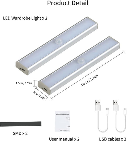 éclairage d'armoire LED, 10 LED, lumière blanche 6500 K, capteur de mouvement, éclairage d'armoire rechargeable avec bande magnétique autocollante,convient pour cuisine, escalier, couloir (2 pièces)