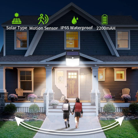 2 pièces Applique solaire Extérieur 288 LED Détecteur de Mouvement Lampe murale LED Blanc Froid 6000K Pour Cour Jardin Couloir Terrasse Proche Mur Pathway Patio Villa