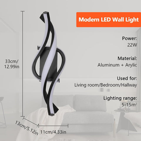 Applique Murale LED 22W Moderne Forme en Spirale Lampe murale Blanc neutre 4000K Pour chambre à coucher, salon, couloir, entrée Noir