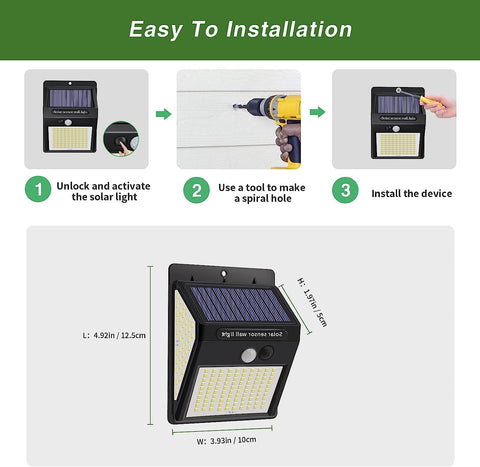 4 pièces Applique solaire Extérieur 220 LED Détecteur de Mouvement Lampe murale LED Pour Cour Jardin Couloir Terrasse Proche Mur Pathway Patio Villa