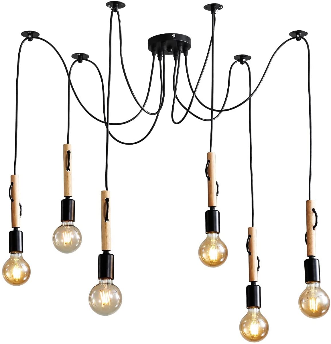 Suspension Luminaire Induistrielle Lampe 6 têtes Réglable Lustre en Bois Plafonnier Industriel Vintage E27 avec 1.8m Fil pour Salle à Manger, Salon, Bar, Restaurant