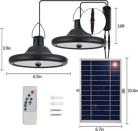Lampe Solaire Extérieur Intérieur, Suspension Solaire à Double Tête avec Détecteur de Mouvement et Télécommande, IP65 étanche Pendant 5m Cable pour Jardin, Terrasse, Balcon, Garage, Grange