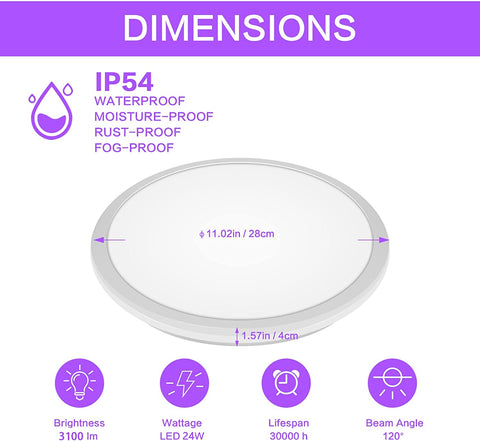 Plafonnier LED Dimmable, Luminaire Plafonnier Salle de bain IP54, 24W 3100LM, 2700-6500K RGB Étanche Lampe de Plafond Moderne avec Télécommande pour Salon, Chambre (Ø28cm)
