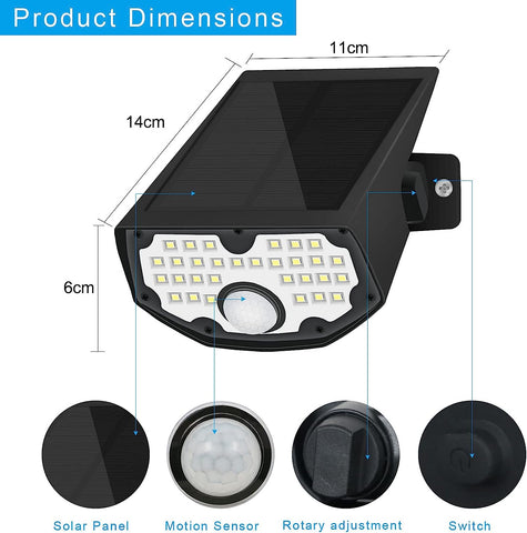 Applique solaire Extérieur Détecteur de Mouvement Lampe murale LED 6000K Pour Cour Jardin Couloir Terrasse Proche Mur Pathway Patio Villa