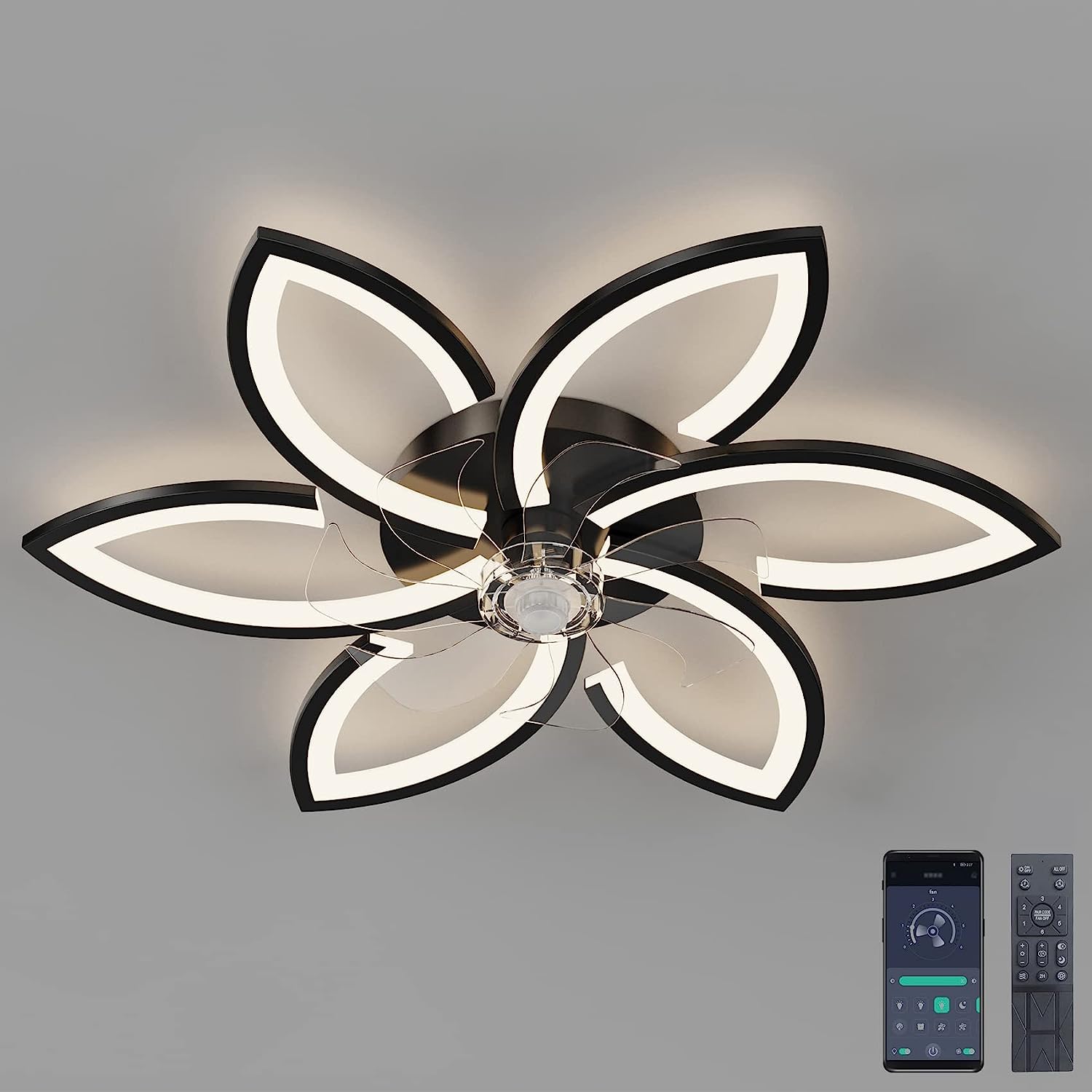 Ventilateur de plafond Dimmable avec Télécommande Moderne Forme de fleur créative Lampe de Plafond Pour salon 