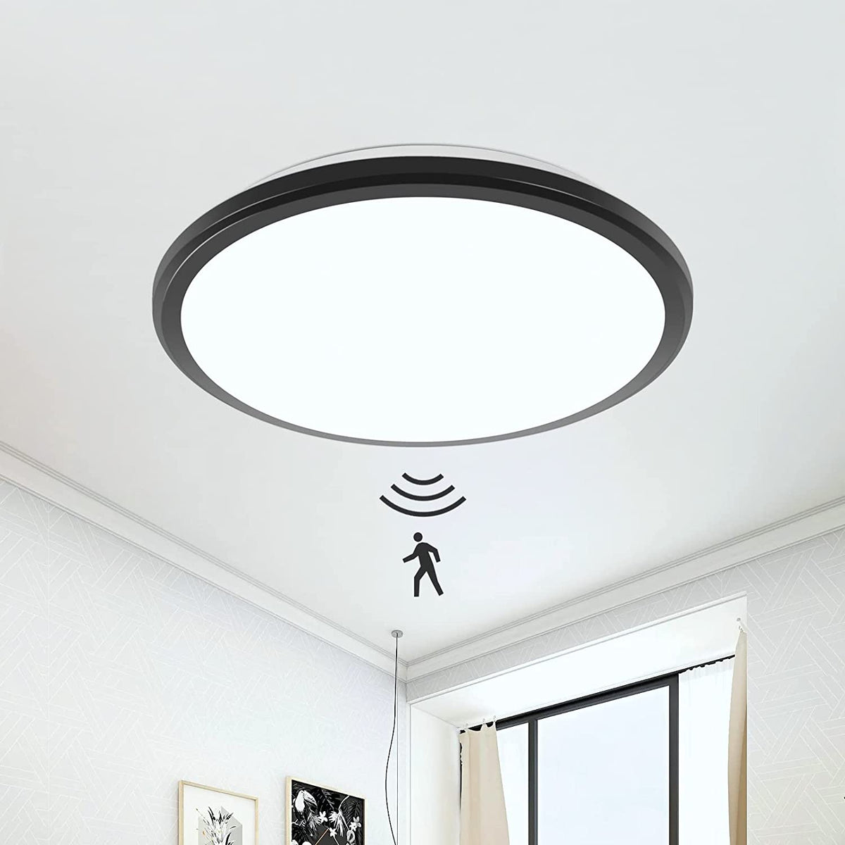 LED Plafonnier, Rond 24W Lampe de Plafond Moderne, Noir Plafonnier Detecteur de Mouvement, Imperméable IP54, Antipoussière, Lampe LED Interieur for Salle de Bain, Balcon, Couloir, Entrée, 6000K