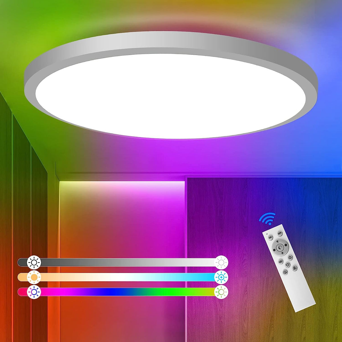 Plafonnier Led Dimmable RGB 3000K-6500K Rond plafonnier LED salle de bain étanche IP54 Pour Bain, Chambre, Salon, Cuisine ?30CM