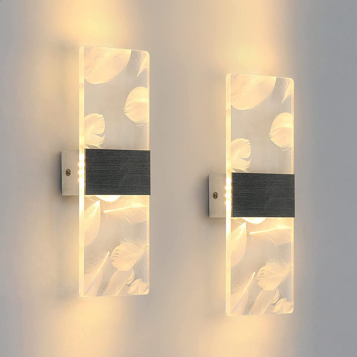 2 Pcs Applique Intérieure12W, 3000K Lumière Blanche Chaude Applique Led Intérieur Plume Acrylique, Eclairage mural moderne Ledpour chambre, salon, couloir, cage d'escalier (Argent)